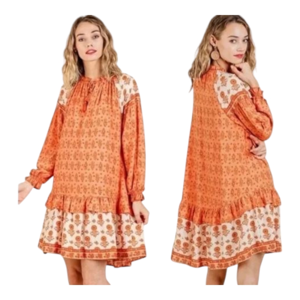 Umgee Cantaloupe Scarf Dress Size Large Relaxed Fit Dress Flowy Dress